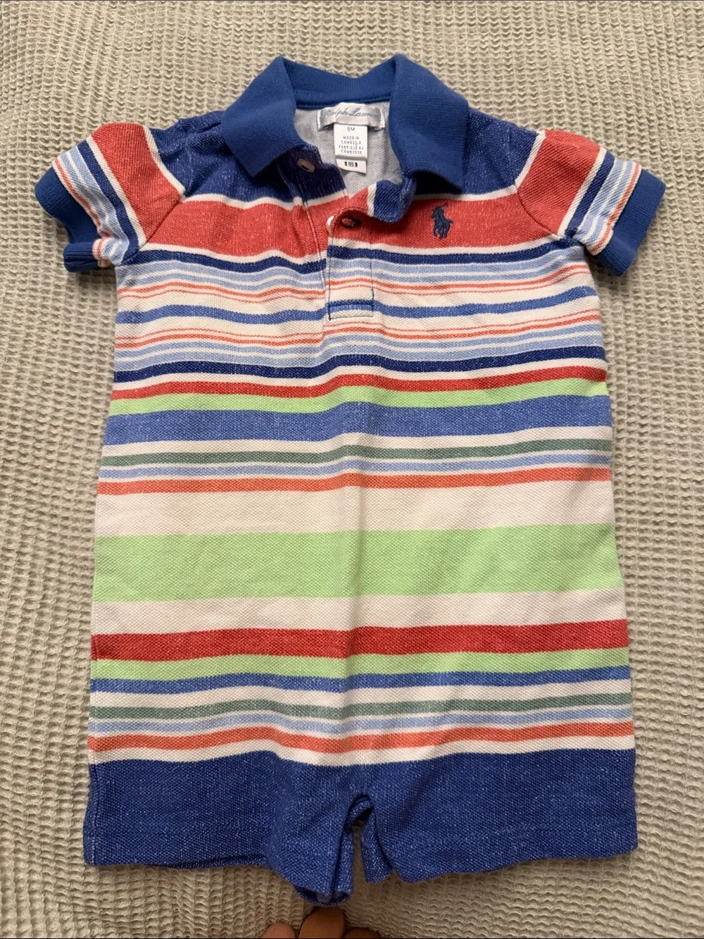 Ralph Lauren Multicolor Striped Polo Romper with Navy Collar